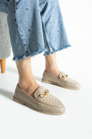Lebibe Shoes Maby Kadın Bej Örgü Dokulu Zincir Detaylı Loafer Düz Ayakkabı Babet