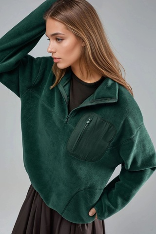Hiccup Busem Fermuarlı Yakalı Peluş Örme Sweatshirt, Cepli Çam Yeşili