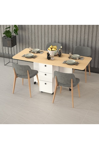 Asra Trend Raflı Modern Katlanır Mutfak Masası KM-09 %100 MDF 3 Çekmeceli Tekerlekli Servis Masası Akça Ağaç