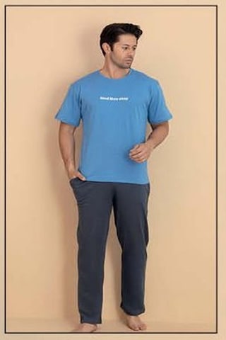 Pijamerry Erkek Bisiklet Yaka Kısa Kol Penye Pijama Takımı 6319 - 1 Adet Mavi