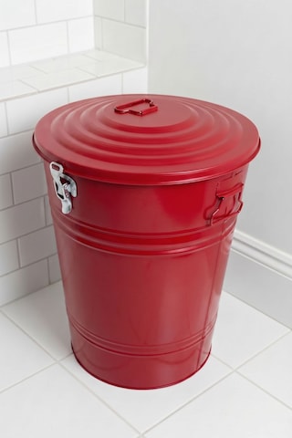 40 Litre Kilitli Kapaklı Metal Çöp Kovası Ve Dekoratif Çamaşır Sepeti Kırmızı