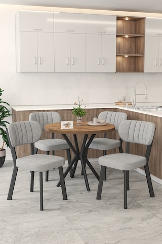 Gnr 90cm Sabit Atlantik Mutfak Masası Takımı, Yemek Masası, 4 Modern Gri Sandalye Gri