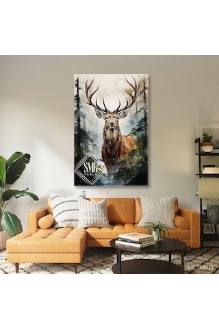 Ormanda Ala Geyik Boynuzlu Ren Geyiği Kanvas Tablo 70x100 Cm
