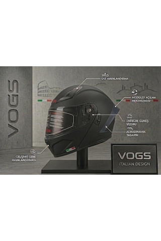 Ws-210 Güneş Vizörlü Çene Açılır Kask Matt Black Şeffaf Vizörlü İtaly Dizany Siyah