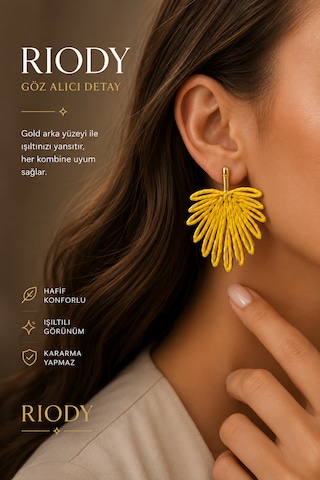 Riody Sarı Gold Yaprak Küpe Kadın Sallantılı Küpe Hafif Şık Günlük Abiye Kombin