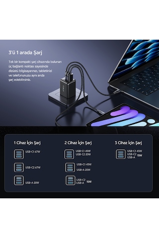 67w 3 Portlu Gan Hızlı Şarj Adaptörü - 2x Type-c + 1x Usb-a Şarj Cihazı Siyah