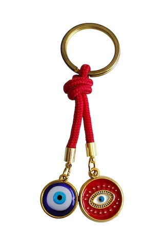 Mavi Kırmızı Nazar Boncuklu Anahtarlık - Premium Metal Halkalı Koruyucu Charm Kırmızı