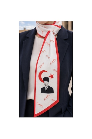 Tarzını Seç Atatürk Beyaz Kırmızı İmzalı Türk Bayraklı 85x25cm Kravat / Eşarp / Fular