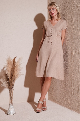 Lela Önü Düğmeli V Yaka Regular Fit Kısa Kollu Midi Bayan Elbise 5865747 Bej