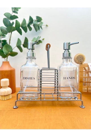 Morponi Kulplu Standlı 2'li Cam Sabunluk Seti Metal Gri Gri
