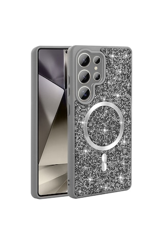 Maks Technology Galaxy Uyumlu S26 Ultra Kılıf Pırlanta Tasarımlı M-safe Şarj Özellikli Mkst Mozaik Silikon Kapak - Titanyum-gri Titanyum Gri