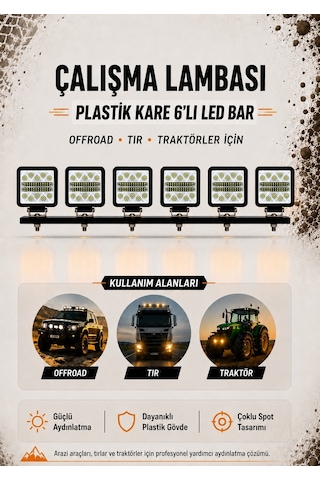 Çalışma Lambası Plastik Kare 6'lı Led Bar