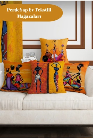 Afrika Etnik Figürlü Modern Tasarım Desenli 4lü Dijital Baskılı Kırlent Kılıfı 43 X 43 Cm 014 Kırmızı