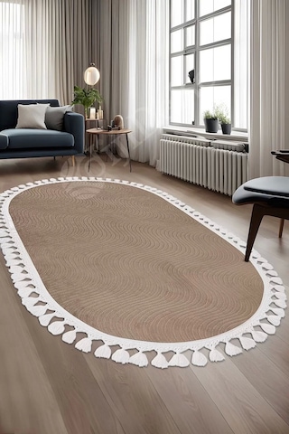 Avangard Oval Halı Sahra Kahve Salon Koridor Antre Mutfak Halısı Silinebilir Saçaklı