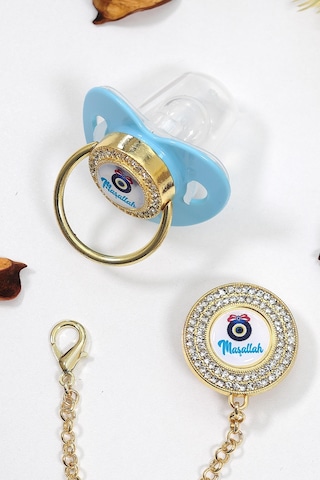 Erkek Bebek Mavi İthal Lüks Kristal Swarovski Taşlı Emzik Zincirli Askı Hediye Seti Stl6643