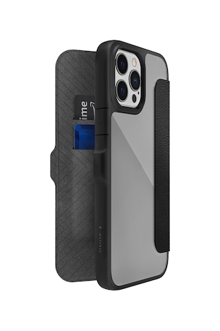 Apple Uyumlu iPhone 13 Pro Max Kılıf Vegan Deri Tasarımlı Şeffaf Kartlıklı Raptic Urban Folio Serisi Kapak Siyah