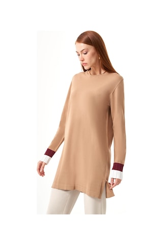 Mizalle Kol Piliseli Rayon Triko Camel-beyaz Tunik Camel
