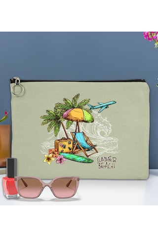 Bk Gift Yaz Temalı-9 Astarlı Mint Yeşili Portföy Çanta 30x21cm, Baskılı El Çantası, Organizer Çanta Yeşil