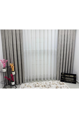 Nivemeshome 2571 V -105 Reina Gümüş 1/2,5 Pileli Bambu Tül Perde Gümüş