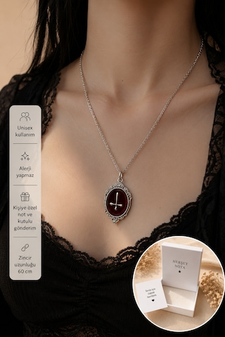 Baphomet Sigili Gotik Kolye Kırmızı Taş Görünümlü Unisex Alternatif Tarz Kolye Çok renkli