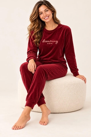 Gd Goldoremi 4082 Kadın Likralı Uzun Kollu Kadife Nefes Alan Kumaş Pijama Takım Bordo