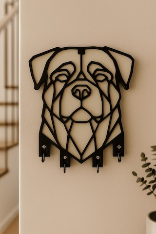 Geometrik Köpek Figürlü Duvar Tipi Anahtarlık Askılığı Siyah - Beyaz