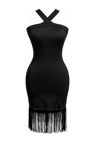 Mixray 2077 Kadın Çapraz Askılı Püskül Detaylı Bodycon Mini Elbise Siyah