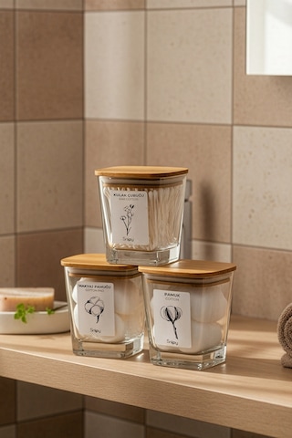 Cuvo - 3'lü Bambu Vakum Kapaklı Banyo Düzenleyici Cam Banyo Seti Etiketli Banyo Organizeri