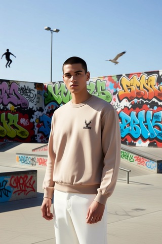 Benerly Erkek Bisiklet Yaka Düşük Kol Uzun Kol Sweatshirt Fonksiyonel Day Bej