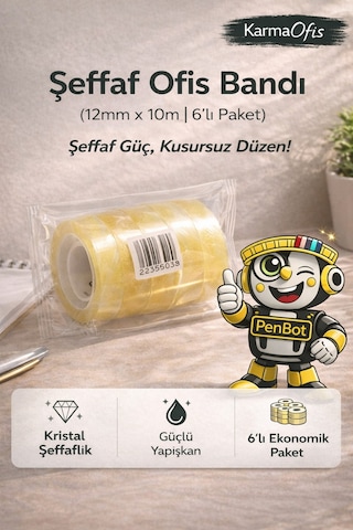 Şeffaf Ofis Bandı 12mm X 10m 6 Lı Paket Güçlü Yapışkanlı Kristal Bant
