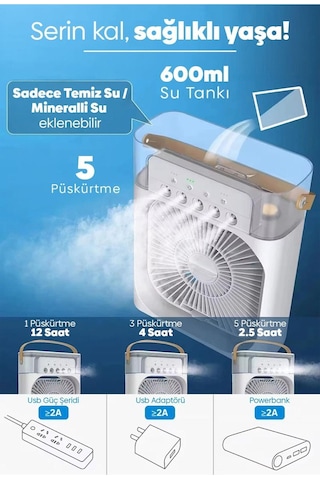 Su Püskürtmeli Şarjlı Usb Hava Serinletici Fan Süper Sessiz Hava Nemlendiricili Masa Fanı
