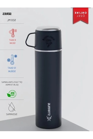 500 Ml Kapasiteli Çelik Termos - Bardaklı Tasarım Açık Beyaz