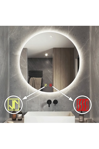 90 Cm Çap Buğu Çözücülü Dokunmatik Işıklı Ledli Yuvarlak Banyo Aynası