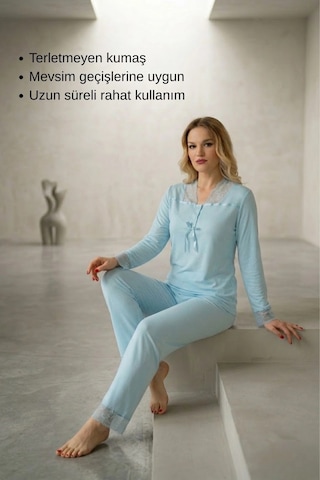Svein Pijama Turkuaz Saten Kadın Pijama Takımı Rahat Ev Giyim Günlük Ve Çeyizlik Nefes Alabilen Yumuşak Turkuaz