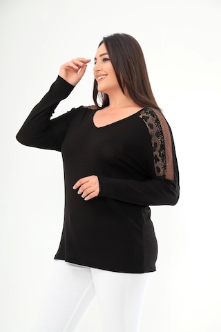 Omuz Tül Detaylı Taş Baskılı Bluz Siyah - Altın