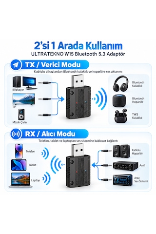 W15 Bluetooth 5.3 2'si 1 Arada Ses Alıcı Verici Rx Tx 3.5mm Aux Usb Adaptör Araç Tv Pc Hoparlör Kulaklık