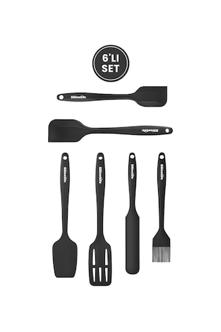 Silikon Mutfak Seti 6 Lı, Isıya Dayanıklı Yanmaz Yapışmaz Silikon Spatula Seti 6 Parça Siyah Siyah