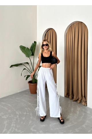 Beyaz %100 Pamuk Yan Yırtmaç Ve Bağlama Detaylı Pantolon Beyaz