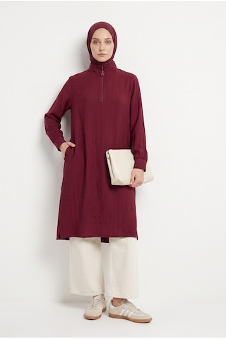 Armine Trend Yarım Fermuarlı Kolları Lastikli Çilek Kumaş Tunik Bordo 26yt462