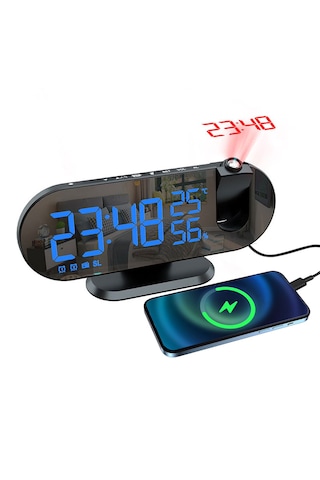 Çok Foksiyonlu Led Projeksiyonlu Dijital Alarm Saati Sıcaklık Nem Göstergeli Usb Şarj 180 Dönen Siyah