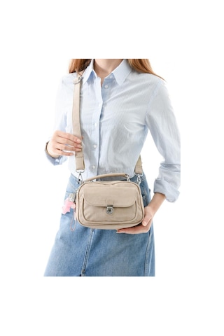Vegan Deri Kadın Postacı Çanta 21 15 Cm Yıkama Suni Deri Omuz Çantası Çapraz Askılı Çanta Bej
