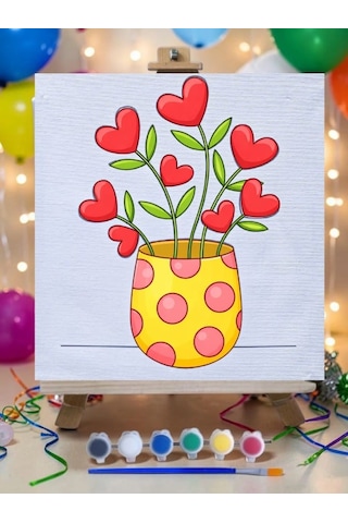 Saksıda Çiçek Tuval Boyama Aktivite Seti 19x19 Cm Tuval, Şövale, Fırça Ve 6 Renk Akrilik Boya Seti