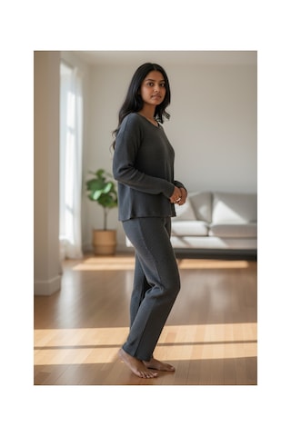 Feg Store %100 Pamuk Antrasit Yumuşak Dokulu Fitilli Uzun Kollu Kadın Pijama Takımı