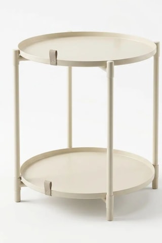 Çift Tepsili Katlanır Orta Yan Yuvarlak Sehpa Metal Ayak - Modern Sehpa 50cm 44 Cm Tepsi Deri Kulplu Krem