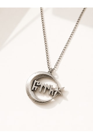 Göktürk Yazı Esintili Ay Yıldız Detaylı Metal Kolye Unisex Zincir Kolye Çok renkli
