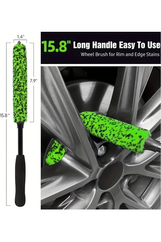 Fochsia 2 Adet Yeşil Araba Tekerlek Göbek Fırçası Uzun Saplı Lastik Jant Temizleme Fırçası Dayanıklı Pp Malzeme Yeşil Fırça Siyah Sap