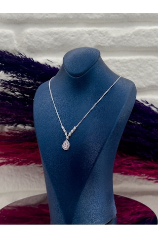 925 Ayar Gümüş Pembe Kuvars Taşlı Özel Tasarım Lüks Kadın Kolye Gümüş