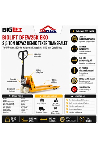 Biglift Dfew25k 2,5 Ton Beyaz Kemik Teker Manuel Transpalet Çatal Boyu 115x54 Cm