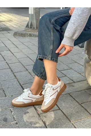 Erva'nın Butiği Beyaz Bej Cilt Wins Bağcıklı Kadın Sneakers-5690 Beyaz Cilt