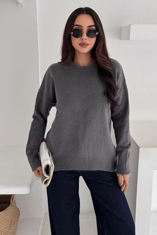 Femelle Kadın Füme Standart Beden Oversize Basic Triko Kazak - 357bnd Gri
